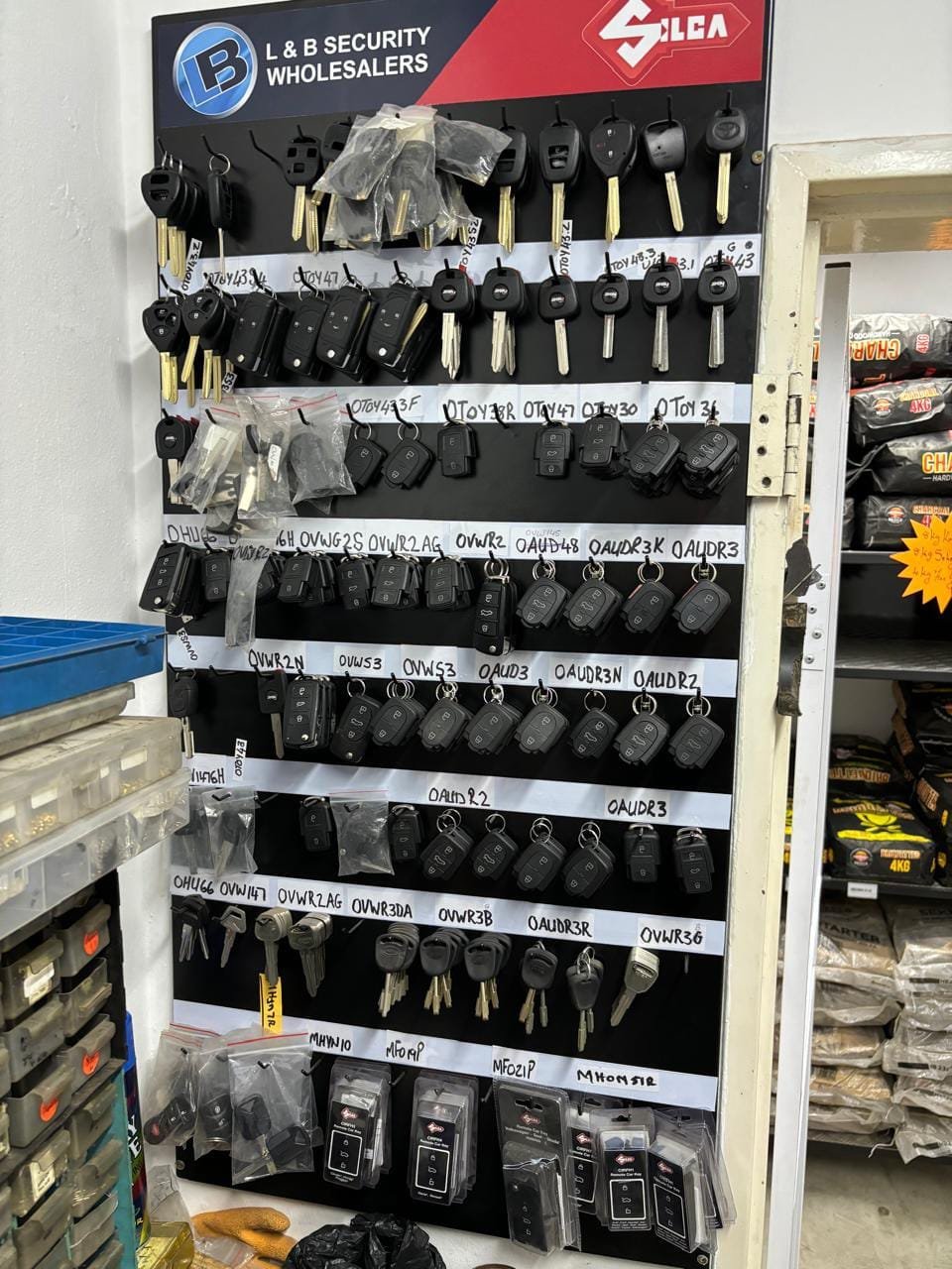 Kazin Keys display of vehicle key blanks and remotes